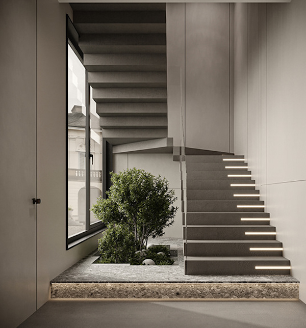 Прямая маршевая лестница с подсветкой, окно, декоративные кустарники