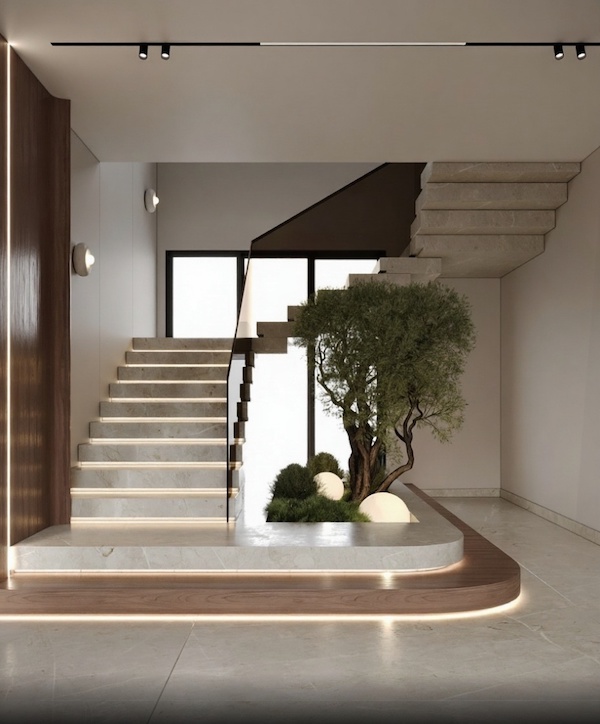 Каменная п-образная лестница, бонсай, кусты, светильники-шары