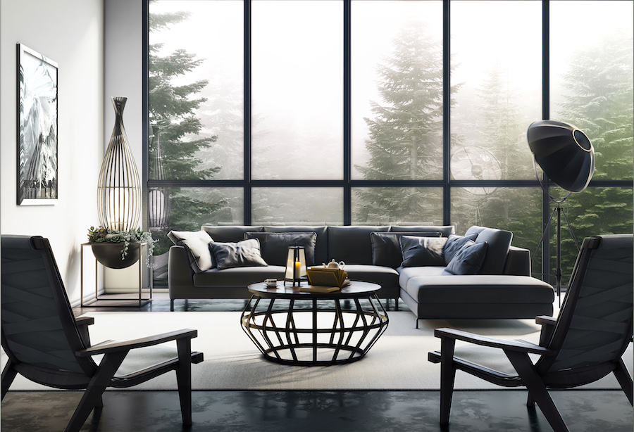 Гостиная с большими панорамными окнами, вид на еловый лес в тумане, мягкая мебель, журнальный стол с ажурным подстольем, картина на стене, арт ваза