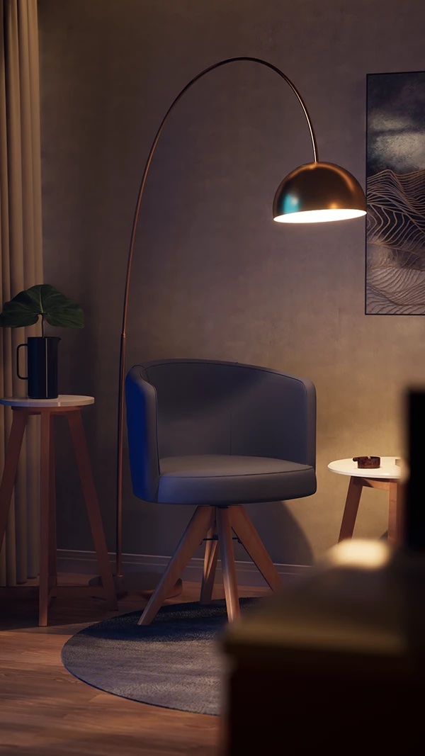 Фрагмент зоны отдыха комнаты, синее кресло, гибкий торшер с теплым светом, столик, картина, цветок