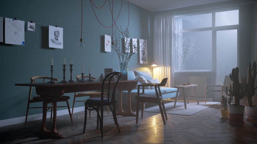 Хмурый день, гостиная с теплым светом торшера в зоне отдыха, рабочий стол, стулья разной формы, кактусы в напольных кашпо, рисунки на прищепках на веревке