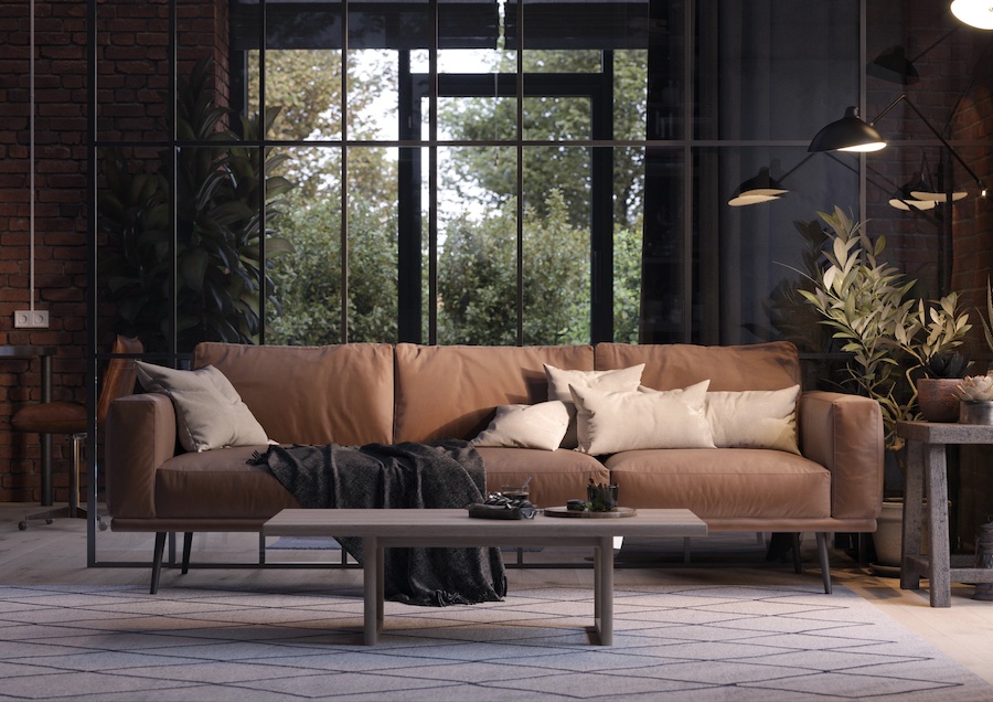 Разнообразие высот, направлений и интенсивностей света делает пространство визуально объёмным, естественным и комфортным Софа в интерьере гостиной, вид на сад из панорамного окна, журнальный стол, растения в кашпо