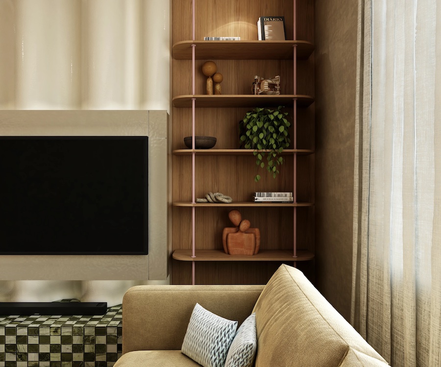 Акцентный светильник можно направлять на любой объект на этажерке, подчеркивая на нем внимание Фрагмент зала, ТВ-панель, этажерка с книгами и скульптурами, диван, шторы, окно