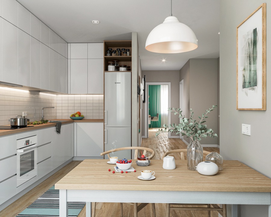 Утром используются фоновый и функциональный слои освещения, цветовая температура для бодрости и концентрации 3500–4500 К, акцент и декор не нужны Кухня, встроенная мебель, стол, кофе, десерт, ваза с живыми ветками, стулья, картина, подвесной светильник