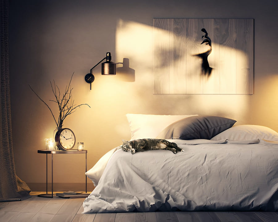 Продумать сценарий освещения нужно до ремонта, так как каждый слой требует отдельной линии электрики Спальня, двуспальная кровать, картина, бра, прикроватный столик с часами, ваза с ветками