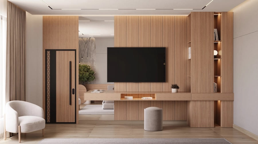 Пространство спальни, встроенный шкаф с книгами, ТВ-панель, зеркало, столешница с подсветкой, пуф, кресло