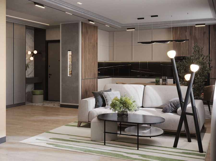 Пространство кухни-гостиной, прихожая, встроенная мебель, обеденный стол, диван, журнальный стол, растение в напольном кашпо, торшер с тремя плафонами