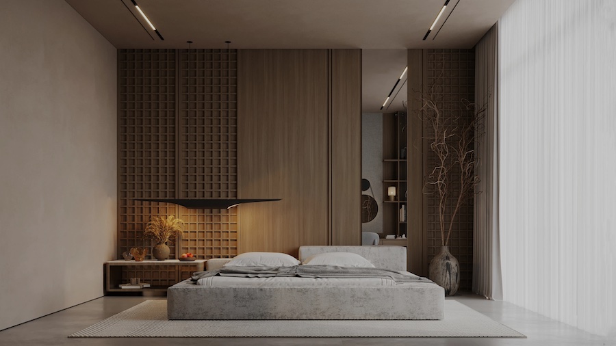 Спальня с панорамным окном, двуспальная кровать, прикроватная тумба с вазой, напольная ваза с засушенным растением