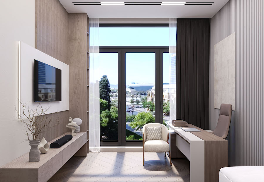 Домашний рабочий кабинет, панорамное окно со шторами, стол, встроенный стеллаж, ТВ-панель, тумба с арт объектами, кресло