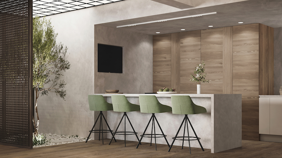 Пространство студии, барная стойка со стульями, встроенные шкафы, декоративное дерево