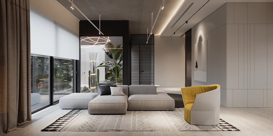 Гостиная в серых тонах, желтое акцентное кресло, угловой диван, панорамные окна