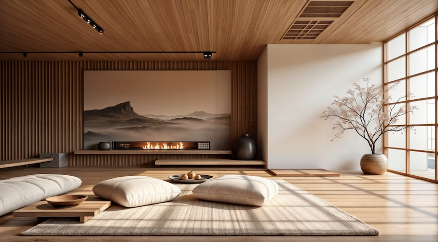 Пространство гостиной, на полу ковер и большие подушки, чаша с фруктами, электрокамин, большая картина на стене