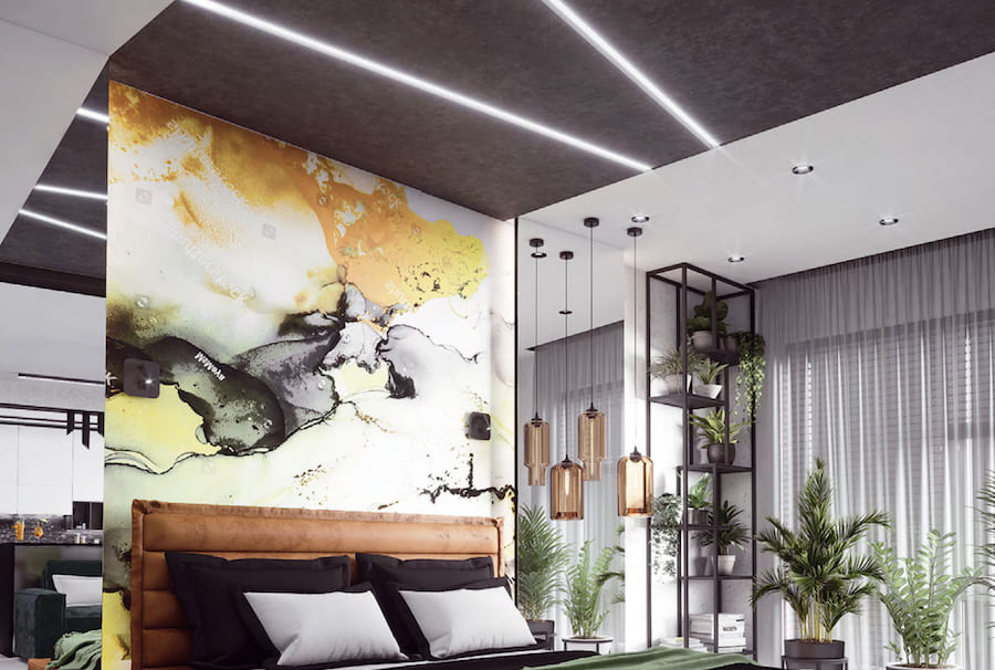 Пространство спальни, двуспальная кровать, стеллаж с цветами, большая абстрактная картина на стене