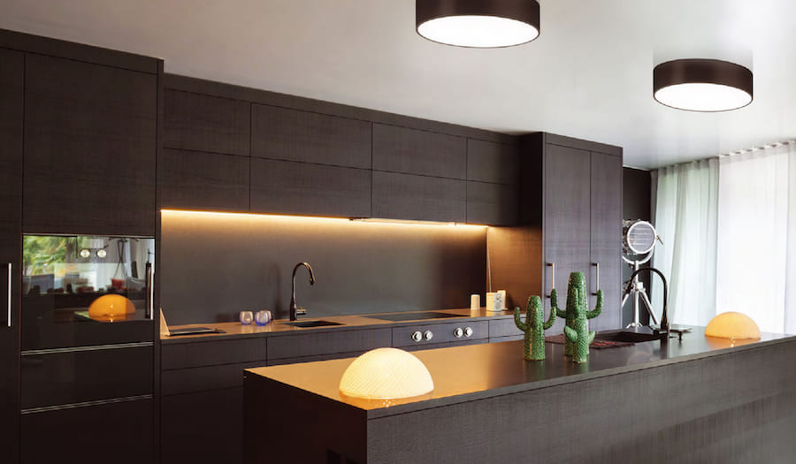 Встроенная кухня темного цвета с островком и светодиодным освещением, зеленые керамические кактусы