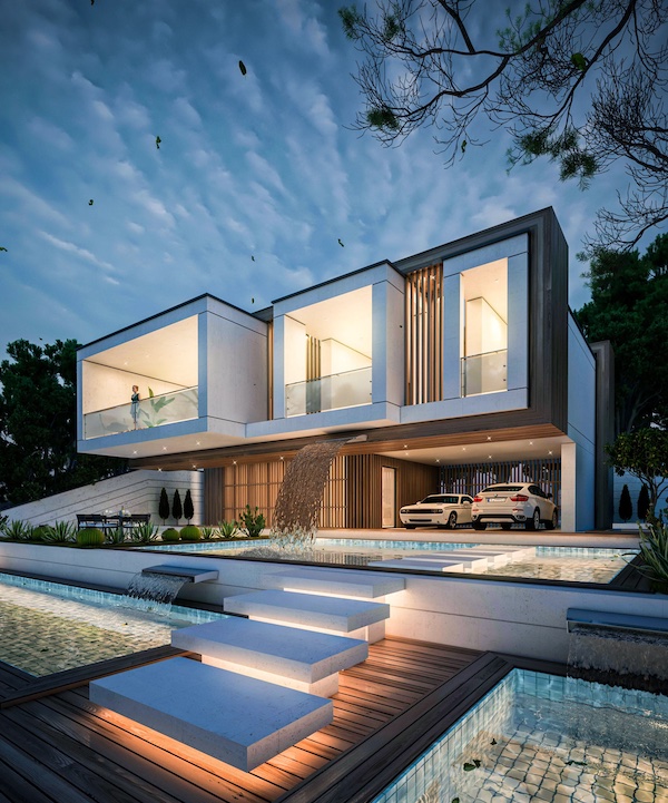 Вилла с открытыми балконами, две машины под навесом, каскад бассейнов, подсвеченные ступени, большие деревья