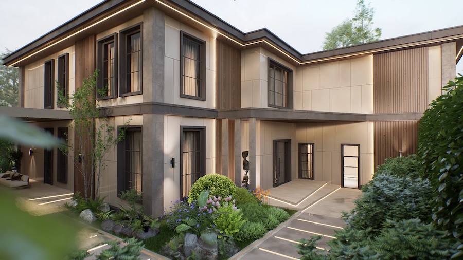 Двухэтажный дом с озеленением и LED подсветкой