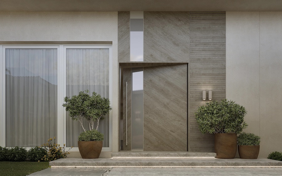 Фасад дома, панорамные окна, кустарники в уличных кашпо, ступени с LED подсветкой