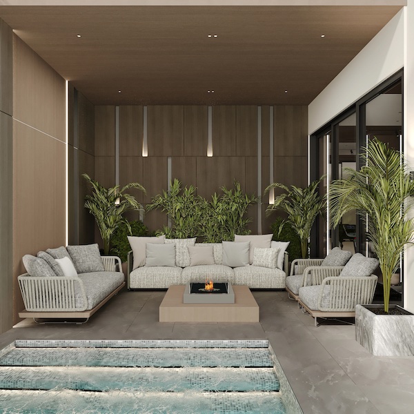 Терраса с бассейном, костровая зона с диванами и креслами, большие растения в кашпо