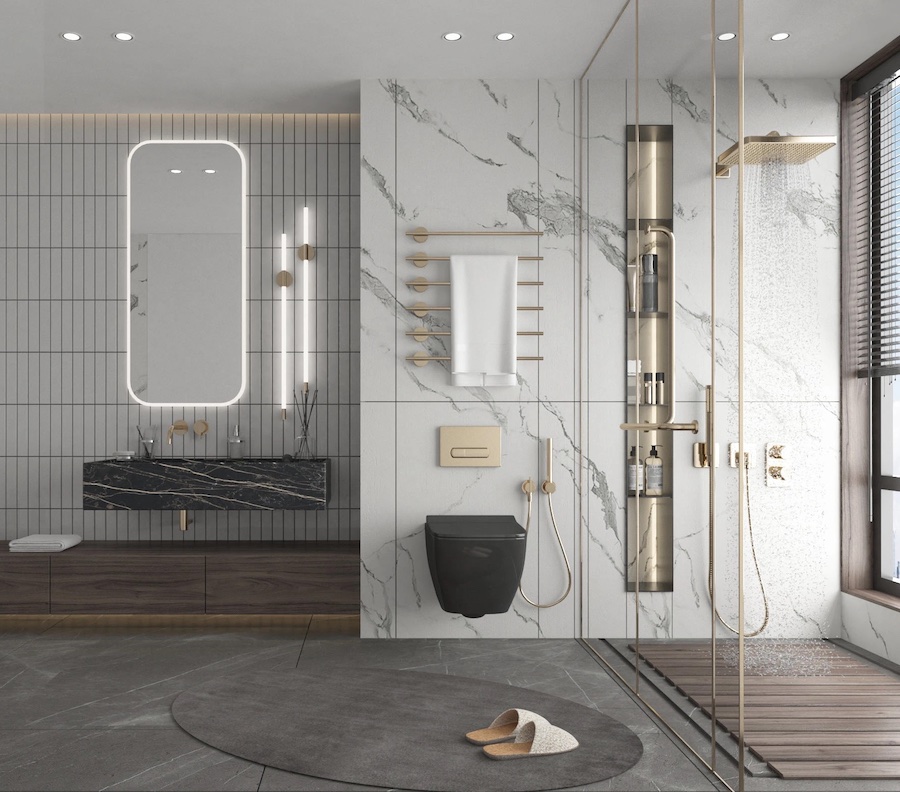 Пространство ванной комнаты, душевая, раковина, унитаз, на стенах зеркало и полотенцесушитель, встроенная ниша со средствами гигиены