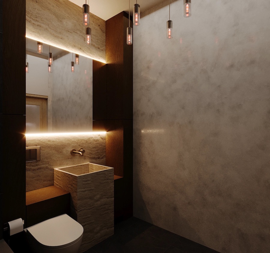 Зеркало с LED подсветкой в ванной комнате, унитаз, раковина под умывальник в виде массивной тумбы