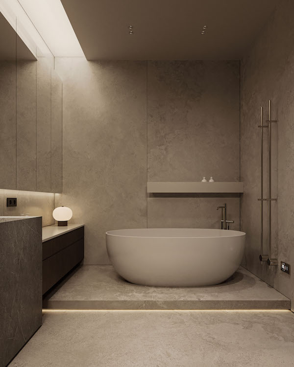 Ванная комната со светодиодной подсветкой подиума для ванны и ниш, вертикальный полотенцесушитель