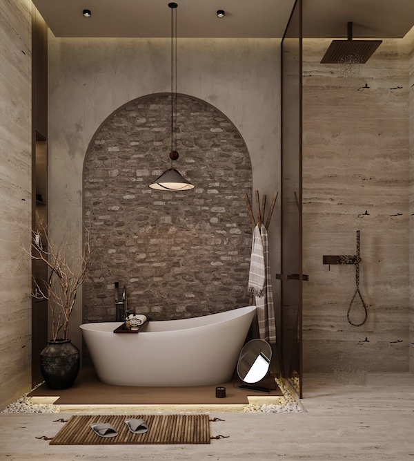 Пространство ванной комнаты, декоративная ниша под камень, душевая, напольная ваза с сухими ветками, деревянная вешалка под полотенца