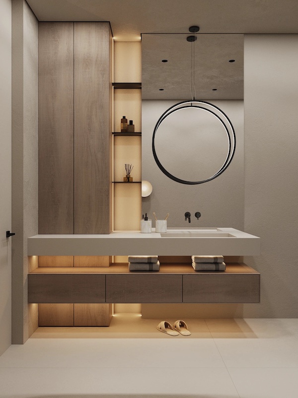 Ванная комната, встроенные шкафчики, зеркало, подвесной светильник, тапочки