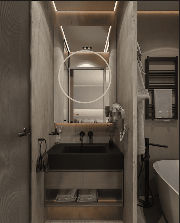 Ванна, раковина, полотенца, фен, зеркало, подсветка