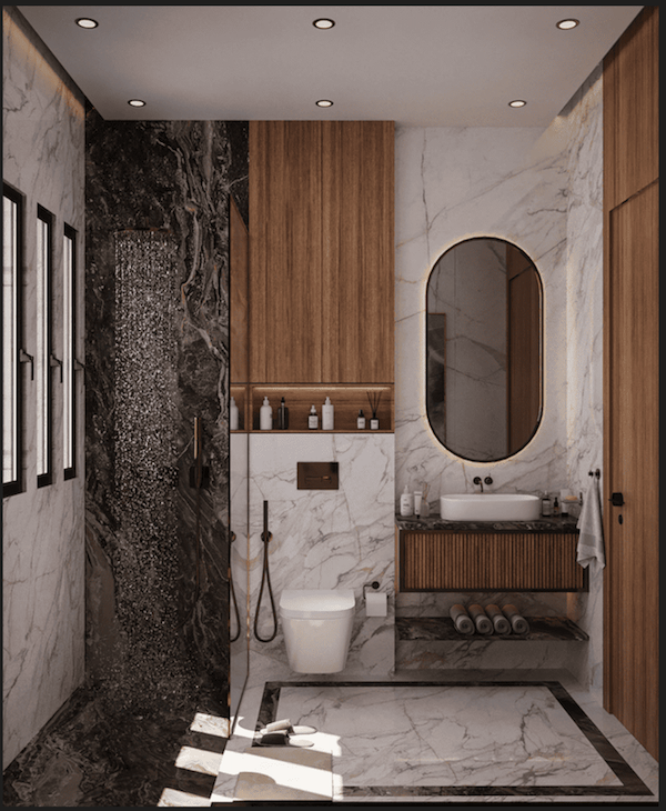 Овальное зеркало, раковина на деревянной тумбе, душевая за стекляной перегородкой, полотенца, тапочки, средства гигиены