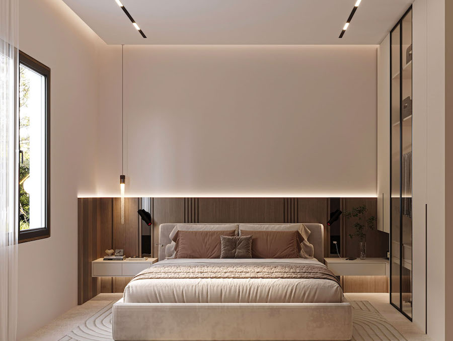 Двуспальная кровать, прикроватные тумбочки, за изголовьем декоративная деревянная панель с подсветкой, встроенный шкаф