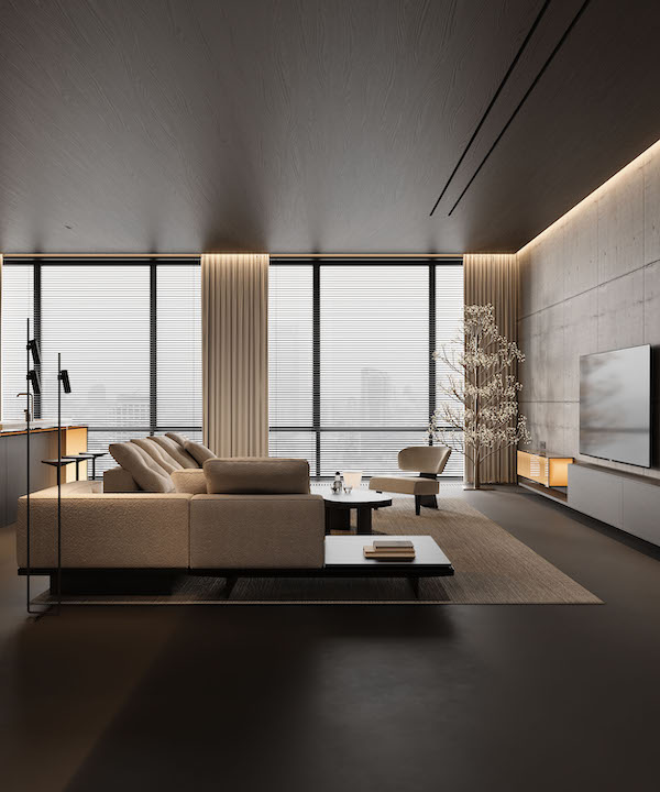 Угловой диван с полочкой для книг, журнальный стол, ТВ-панель, барная стойка, панорамные окна