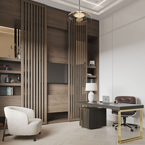 Рабочий стол, офисный стул, встроенный шкаф с книгами и декоративными вещами, мягкое белое кресло и настольная лампа с абажуром