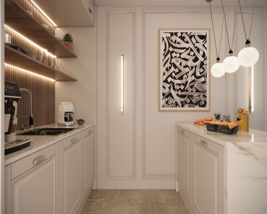 Рабочая зона кухни с белой мебелью, кофемашина, комбайн, сладости, мед, картина, полки с бокалами