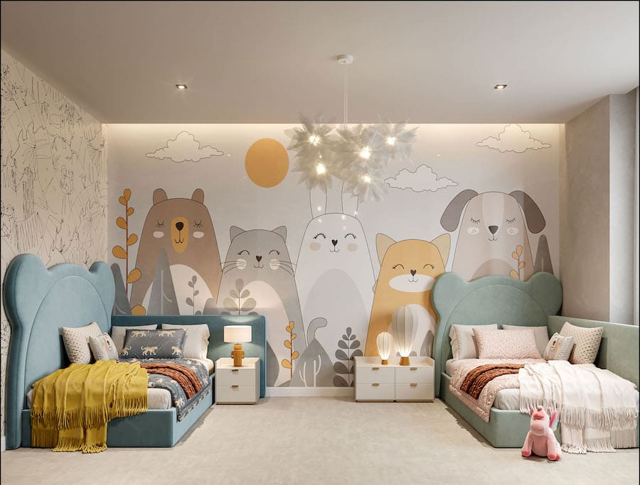 Детская комната, кровати-мишки, тумбочки с настольными лампами, на стене нарисованные мультяшные животные с закрытыми глазками