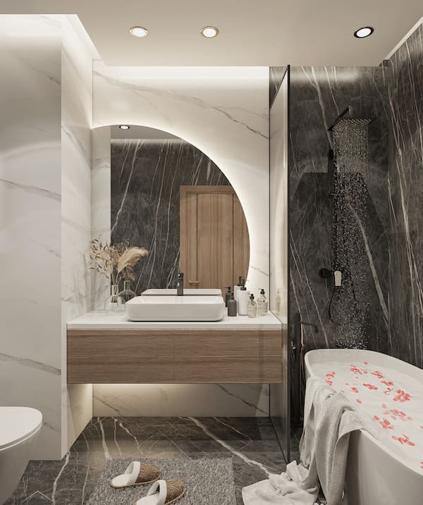 Ванная комната, раковина со столиком, зеркало, ванна с пеной и лепестками, ваза с сухоцветами, косметика