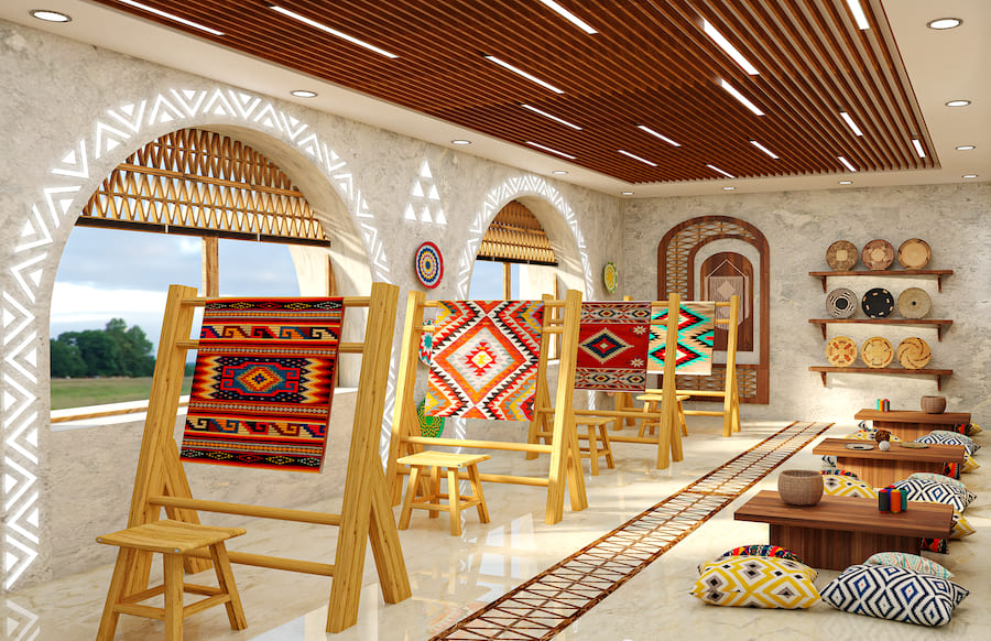 Мастерская народных промыслов, коврики ручной работы, расписные тарелки, плетенные корзины