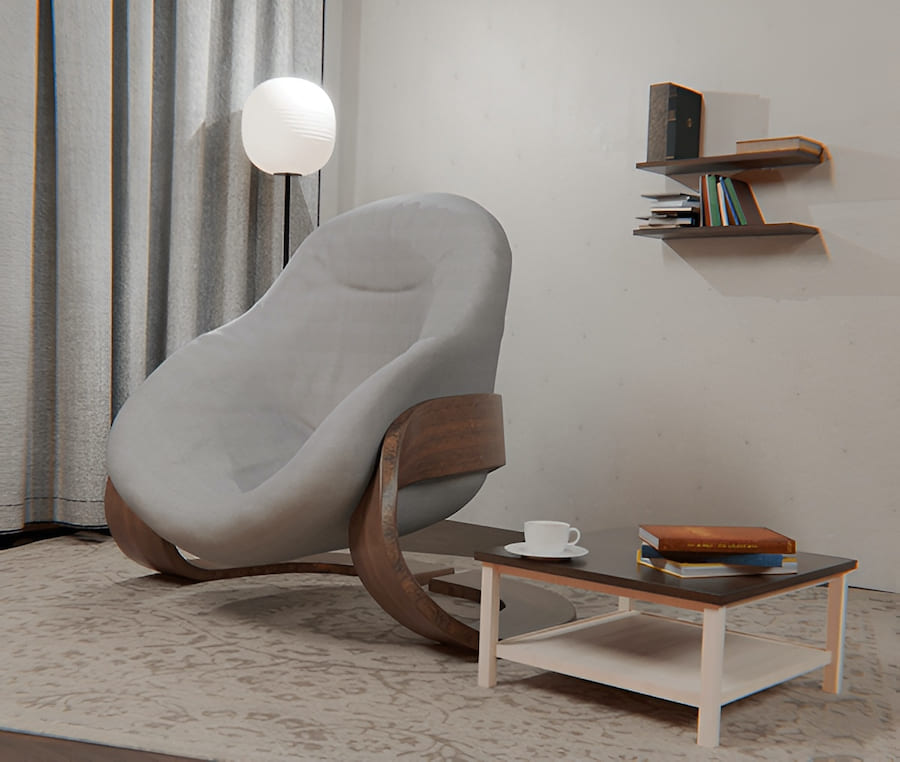 Пространство комнаты, кресло в форме кокона, журнальный стол, чашка чая, книги, полка, торшер