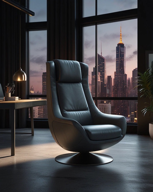 Пентхаус, рабочий стол, кожаное кресло, большие панорамные окна