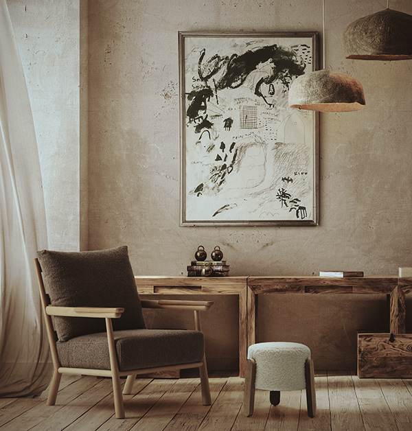 Комната в ретро стиле, деревянные полы и мебель, подвесные керамические светильники, картина на стене