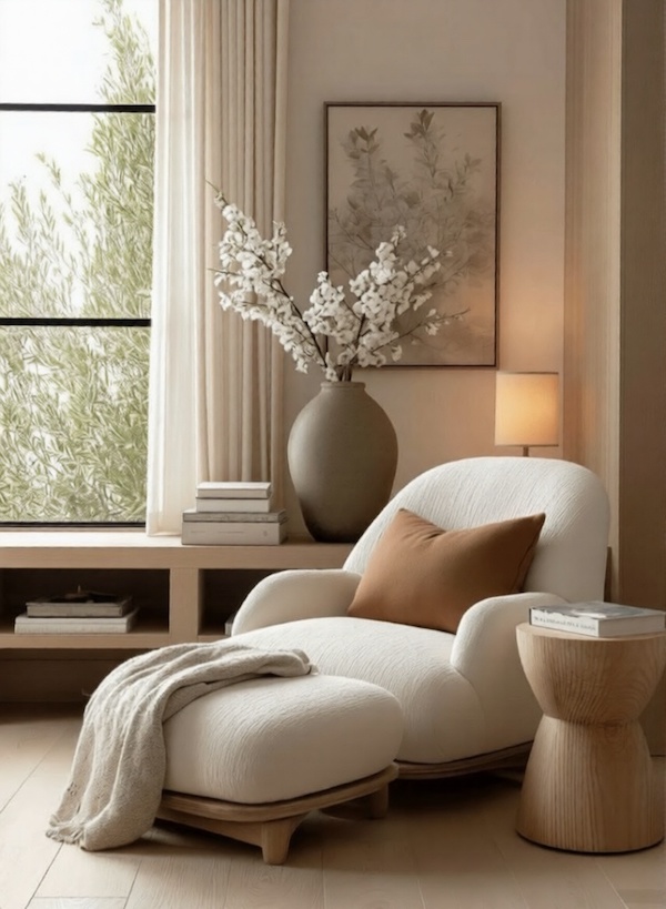 Модульная система - кресло и пуф в интерьере гостиной, ваза с сакурой, журнальный стол, настольная лампа, картина