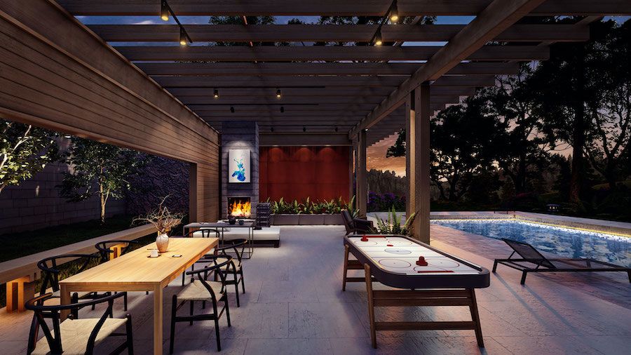 Трековые прожекторы обеспечивают мощное направленное освещение и хорошо справляются с зонированием пространства Пергола с зоной отдыха, камин, обеденный стол со стульями, аэрохоккей