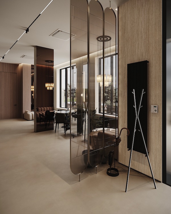 Магнитные трековые системы обеспечивают простое и быстрое подключение светильников без использования механических креплений Пространство гостиной, большие окна, прозрачные перегородки, диваны, стол со стульями, вешало, подставка для зонтов