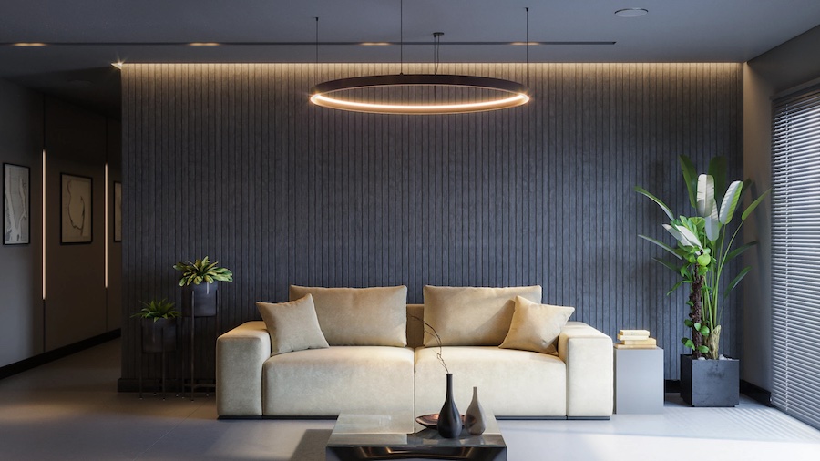 Возможность регулировки яркости в диммируемых светильниках помогает создавать различные световые сценарии и экономит электроэнергию Гостиная, большой диван, журнальный стол с вазочками, растения в напольных кашпо, картины на стене в коридоре