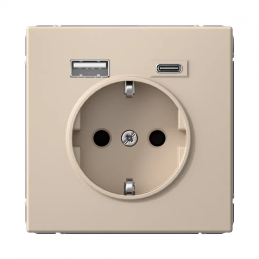 GAL001232 Розетка с заземлением, шторками и USB Type A+С (песочный) Systeme Electric GAL001232