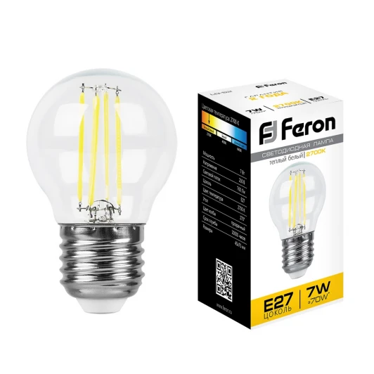25876 Лампочка светодиодная шар прозрачная колба E27 7 Вт 2700K теплое белое свечение Feron 25876