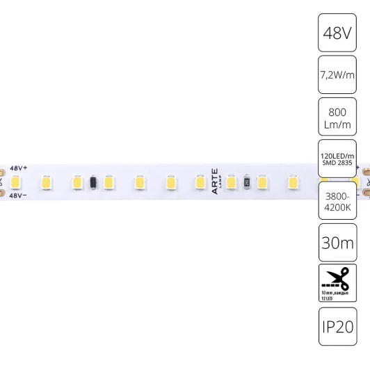 A4812010-04-4K Светодиодная лента 48V 7,2W/m 4000К 30м Arte Lamp Tape A4812010-04-4K