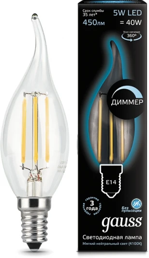 104801205-D Лампочка светодиодная E14 5 Вт 450 lm 4100K нейтральное белое свечение Gauss Filament 104801205-D