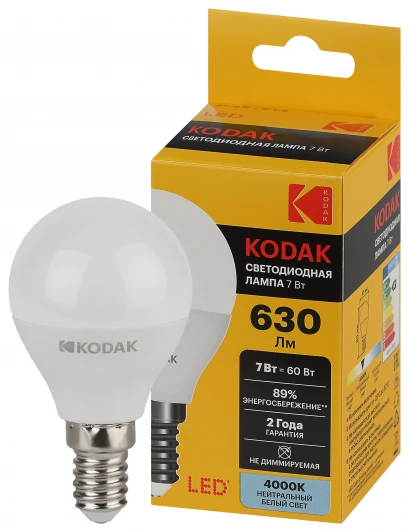 LED KODAK P45-7W-840-E14 K Светодиодная лампа Kodak LED P45-7W-840-E14 K 7Вт шар нейтральный белый свет Е14 (Б0057612)
