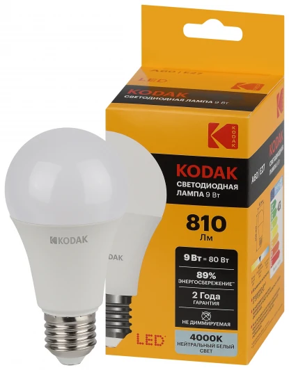 LED KODAK A60-9W-840-E27 K Светодиодная лампа Kodak LED A60-9W-840-E27 K 9Вт груша нейтральный белый свет Е27 (Б0057603)