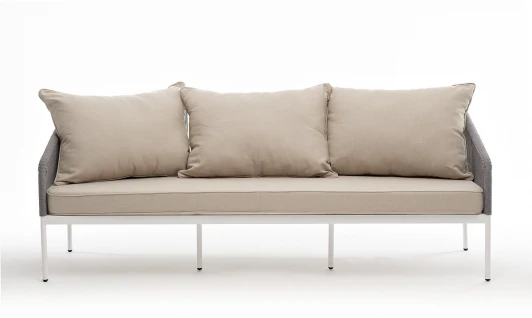 KAN-S-3-001 W Mua H-grey(beige15052) "Канны" диван 3-местный плетеный из роупа, каркас алюминий белый муар, роуп светло-серый круглый, ткань бежевая 15052 4SIS арт.УТ-00010102